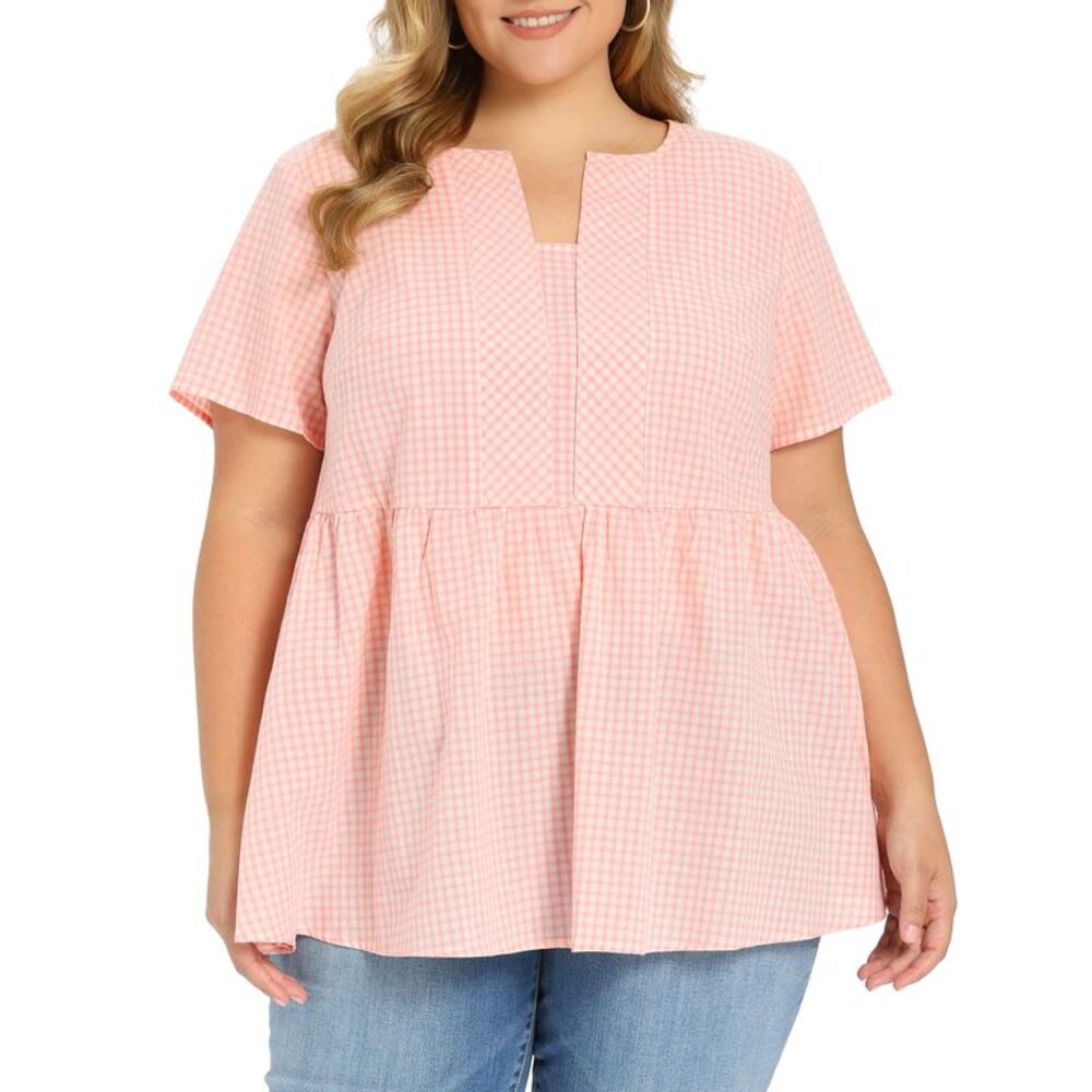 Women Plus Size Summer Gingham Notch Neck Short Sleeve Blouse Light Pink